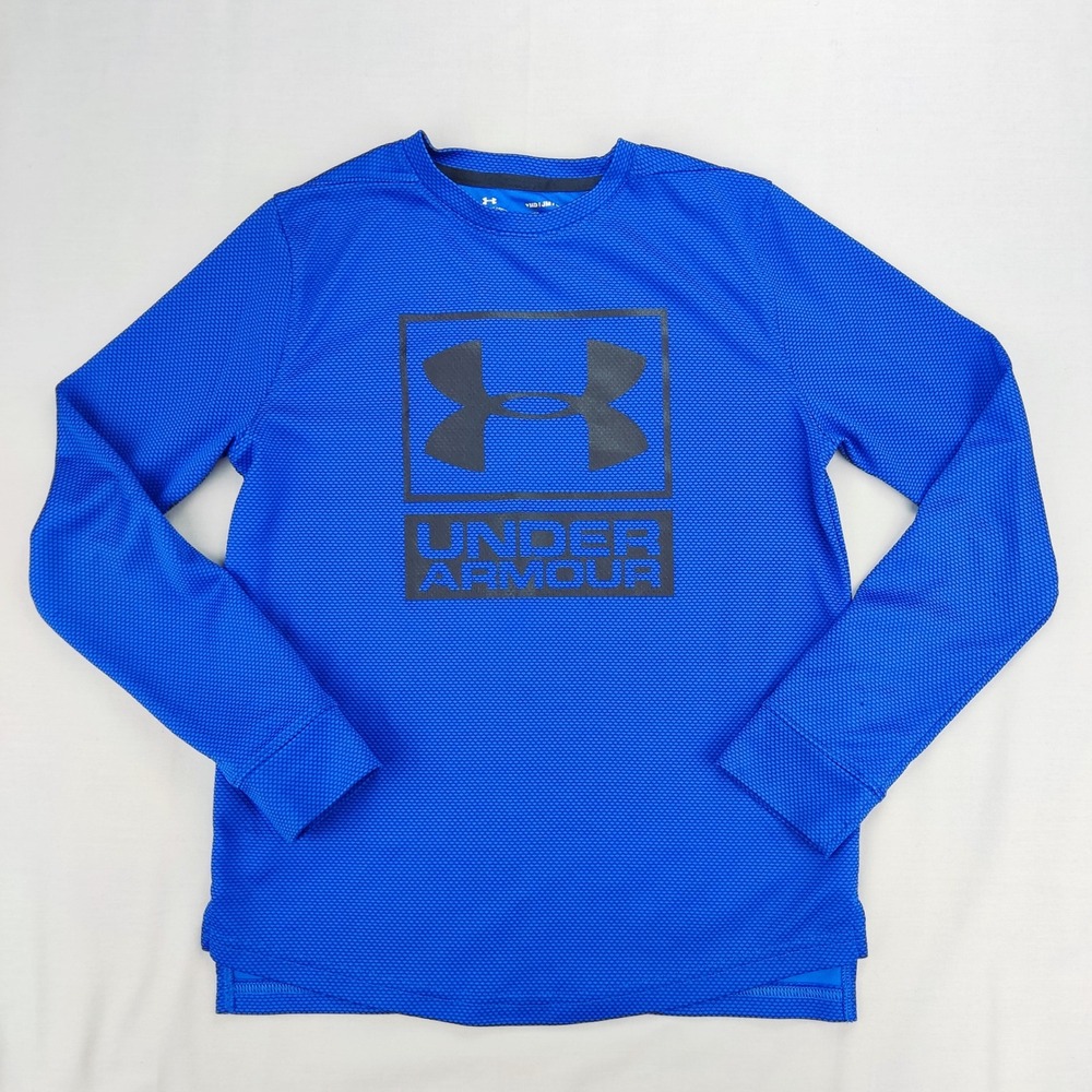 Under Armour Shirt Boys Medium Blue Box Logo Long Sleeve Loose Fit Graphic Tee